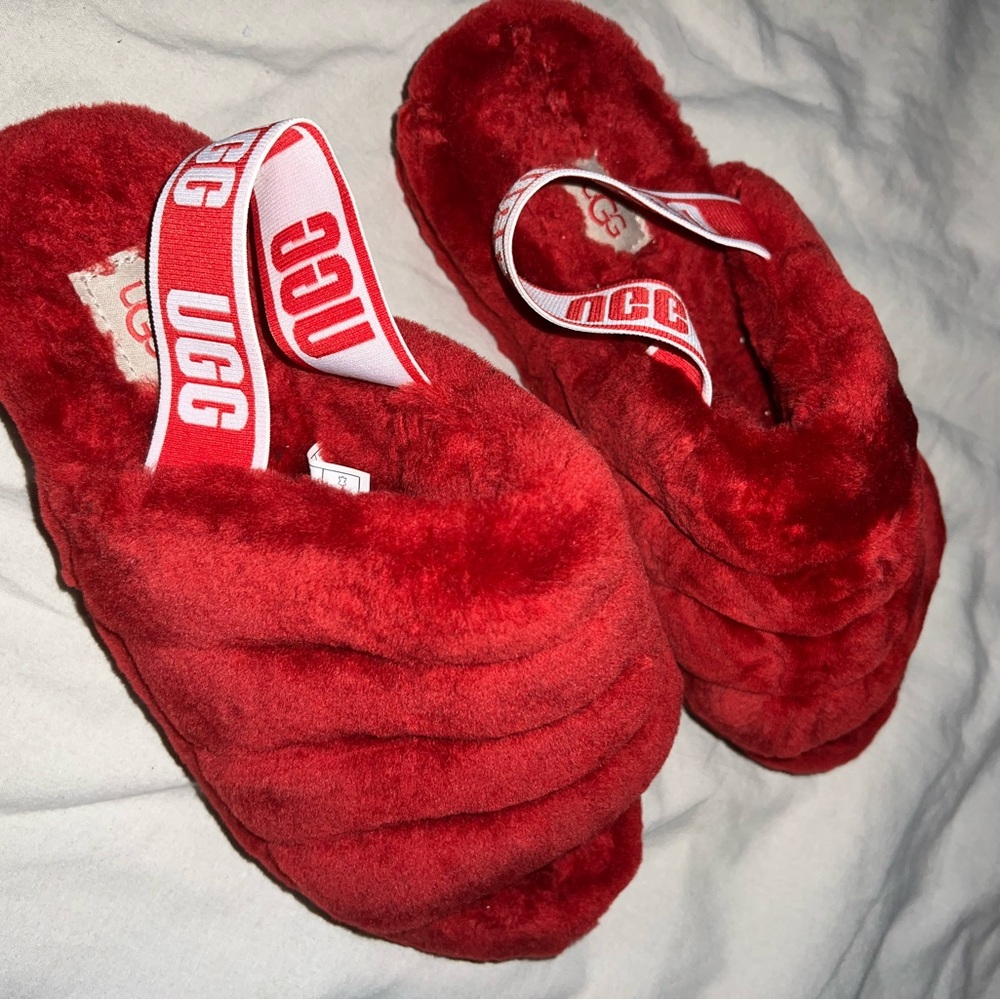 Ugg fluff yeah slides red used once